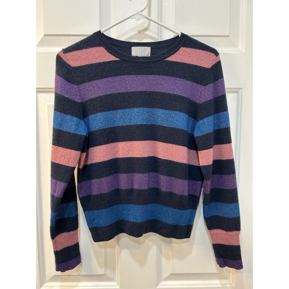 Pure Collection 100% Cashmere Jumper Women Sz 6 Metallic Striped Sweater Preppy